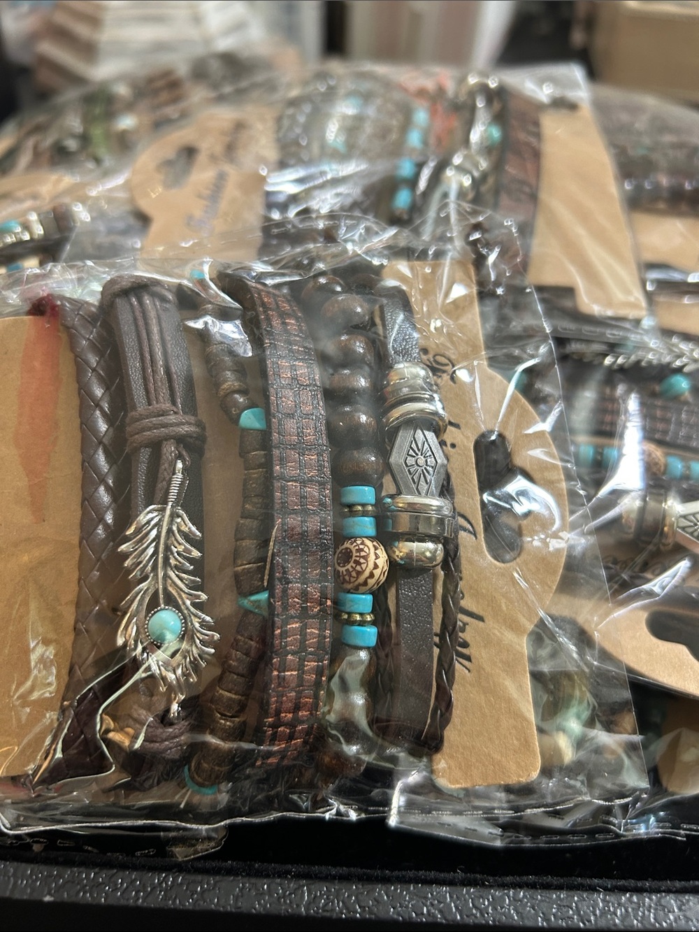 Set of Brown Leather & Turquoise Bead Stackable Bracelets - Picture 2 of 5